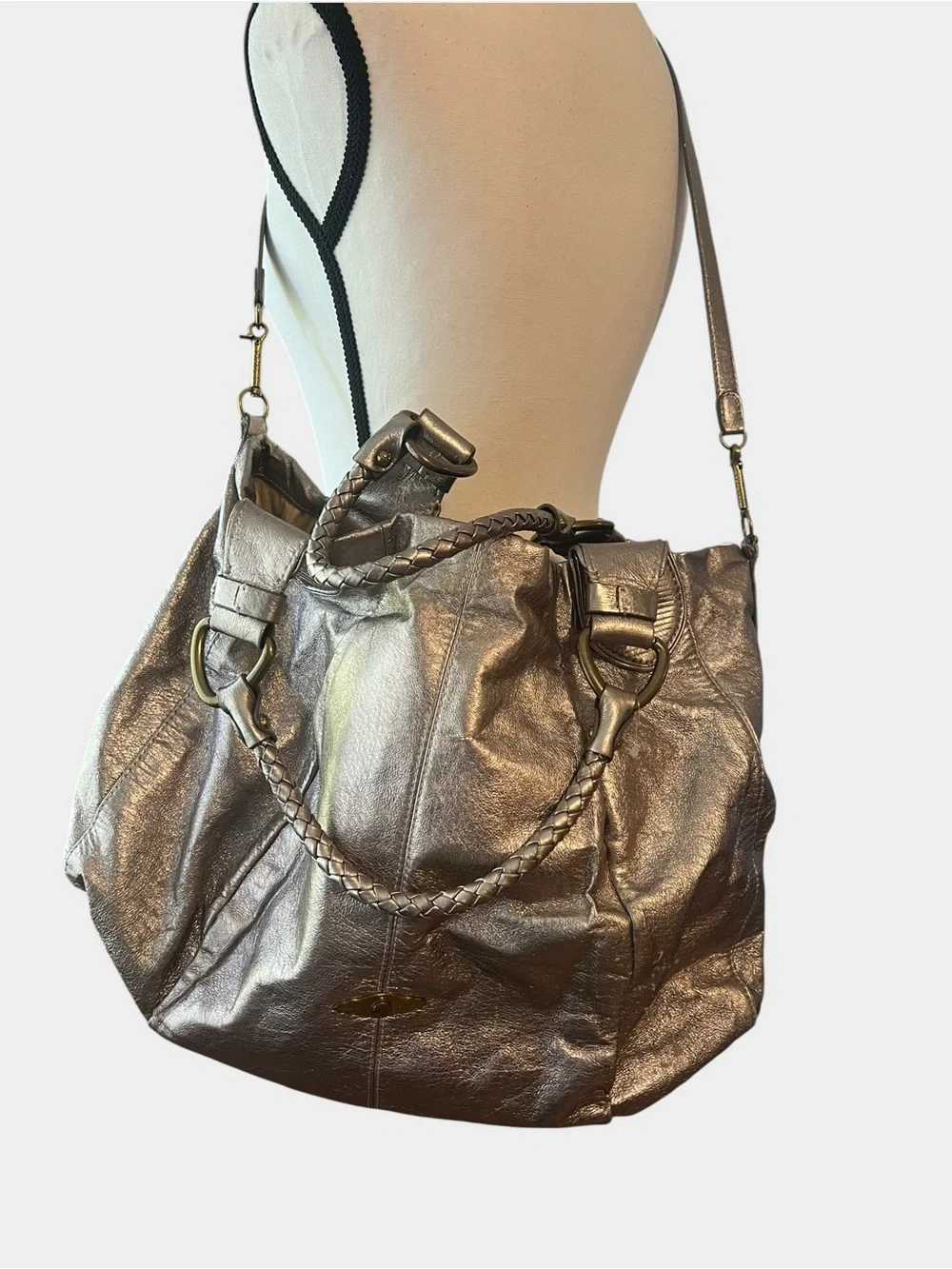 Elliott Lucca Metallic Gold Leather Slouchy Hobo Bag Braided Handles